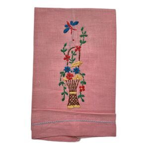 Pink Embroidered Tea Hand Towel Butterfly Floral Cottage Core Shabby Decor Vtg